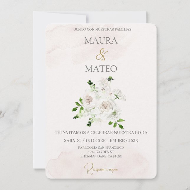 White flower Beige Spanish Wedding Invitation (Front)