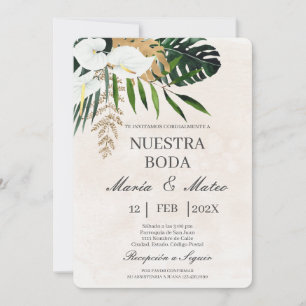 White flower beige Spanish Wedding Invitation
