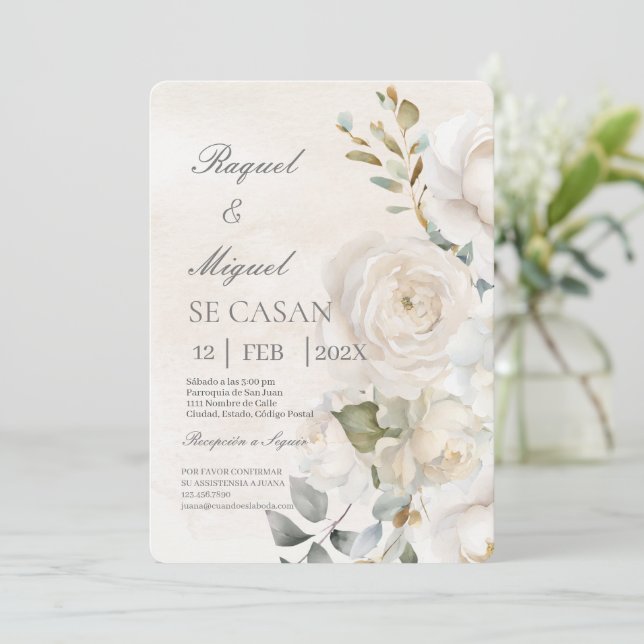 White flower beige Spanish Wedding Invitation (Standing Front)