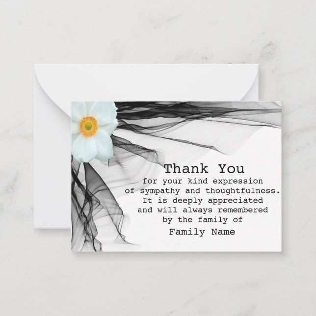 White Flower Black Ribbon After Funeral Thank You Note Card (Front)