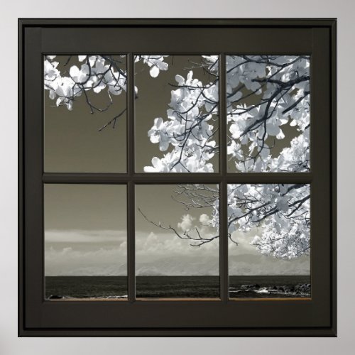 White Flower Blossoms 24x24 Black Faux Window Poster