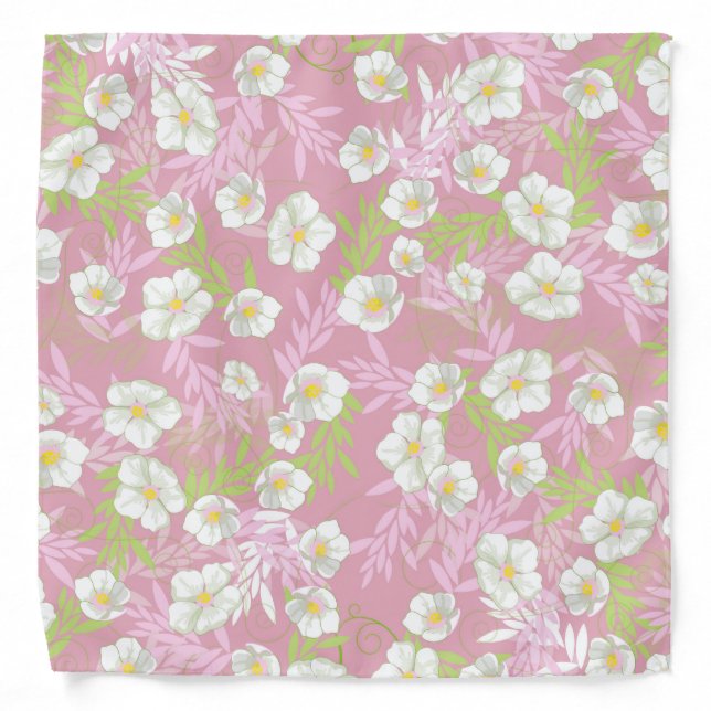 White Flower Blue Background Floral Leaves Pattern Bandana (Front)