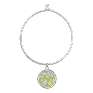 White Flower Botanical Floral Blossom Leaves Art Bangle Bracelet