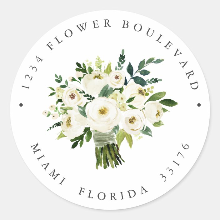 White Flower Bouquet Botanical Return Address Clic Round White Flower Bouquet Botanical Return