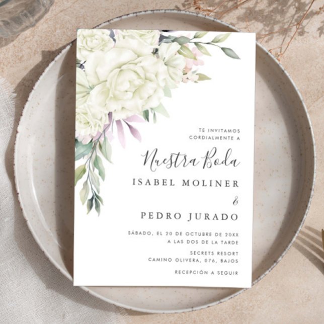 White Flower Bouquet Nuestra Boda Spanish Wedding Invitation (Creator Uploaded)