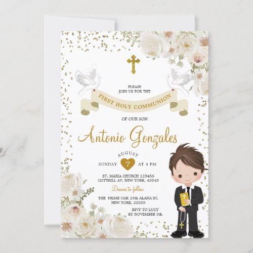 White Flower Boy First Holy Communion Gold Glitter Invitation
