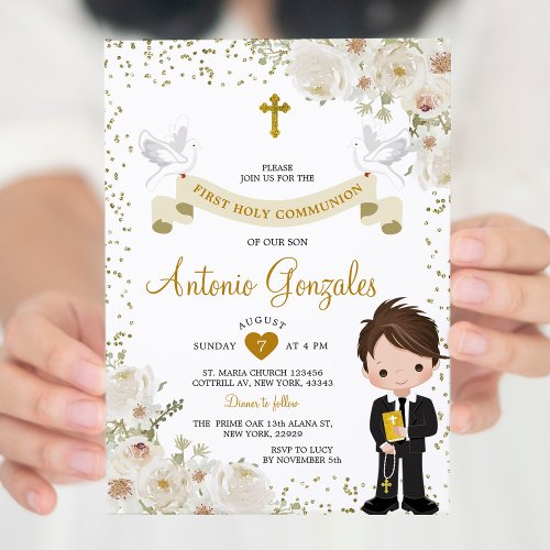 White Flower Boy First Holy Communion Gold Glitter Invitation