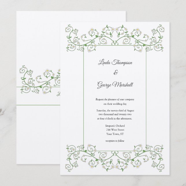 White Flower Climbing Vine Wedding Invitation (Front/Back)