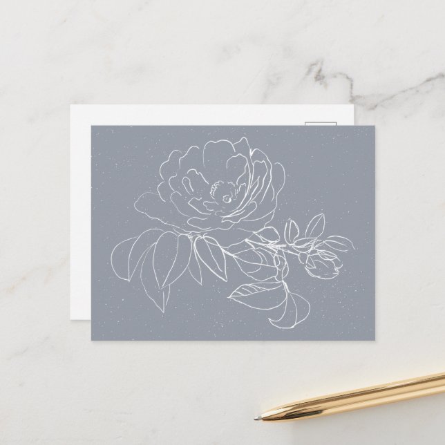 White Flower Doodle on Grey Postcard (Front/Back In Situ)