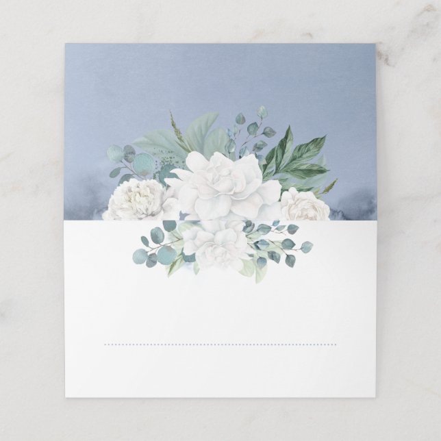 White Flower Dusty Blue Elegant Place Card (Outside Unfolded)