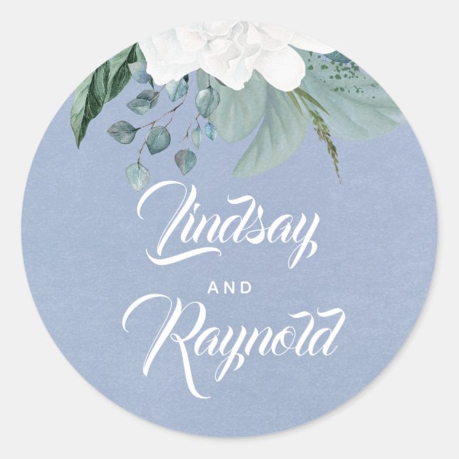 White Flower Dusty Blue Wedding Classic Round Sticker (Front)