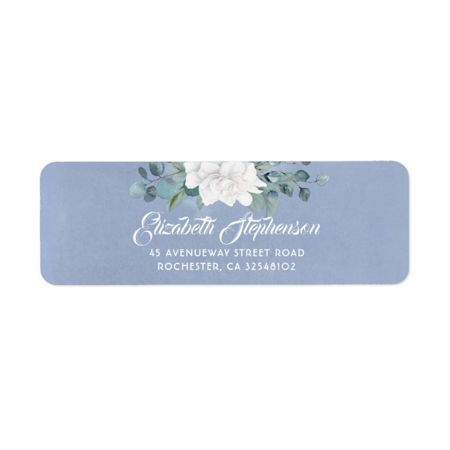 White Flower Dusty Blue Wedding Label (Front)