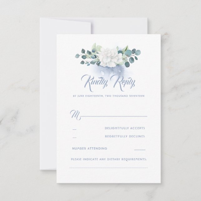White Flower Dusty Blue Wedding RSVP (Front)