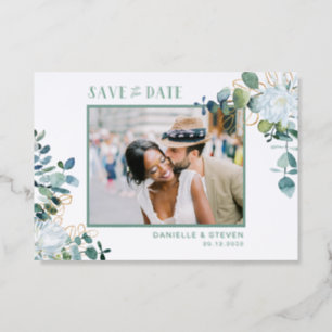 White flower eucalyptus chic wedding save the date letterpress photo cards