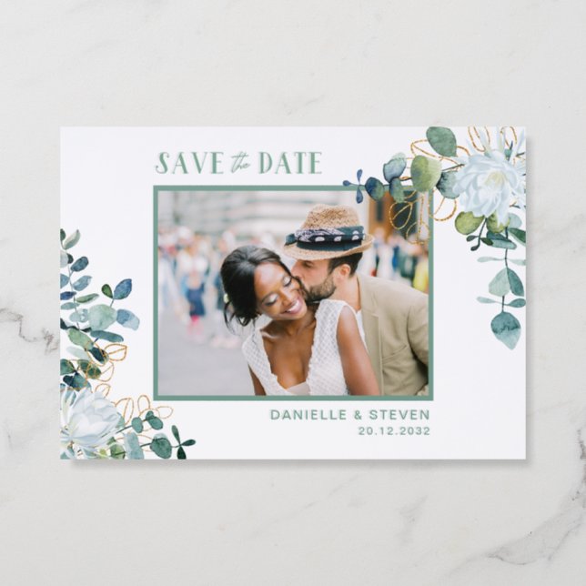 White flower eucalyptus chic wedding save the date letterpress photo cards (Front)