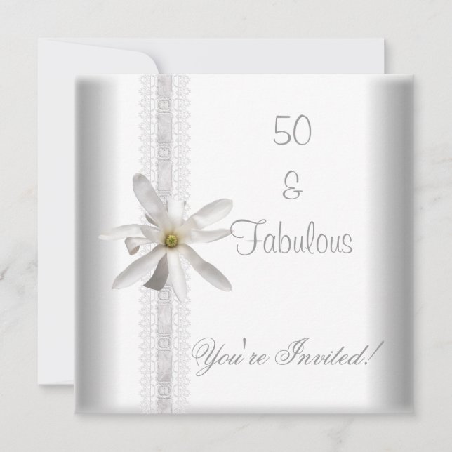 White Flower Fabulous 50th Birthday Party Lace Invitation (Front)