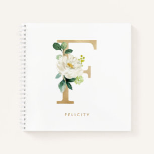 White Flower Faux Gold Foil Letter F Monogram Notebook
