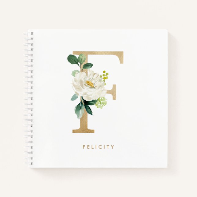 White Flower Faux Gold Foil Letter F Monogram Notebook (Front)