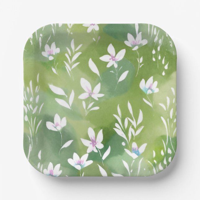 White Flower Fields | Elegant Spring Floral  Paper Plates (Front)