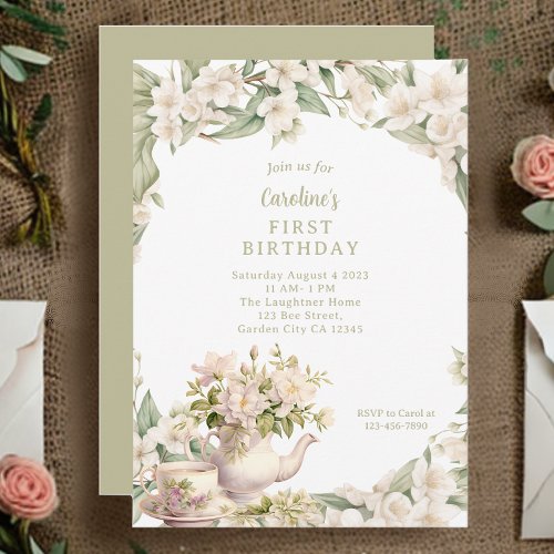 White Flower Garden Tea Party Any Age Birthday Invitation