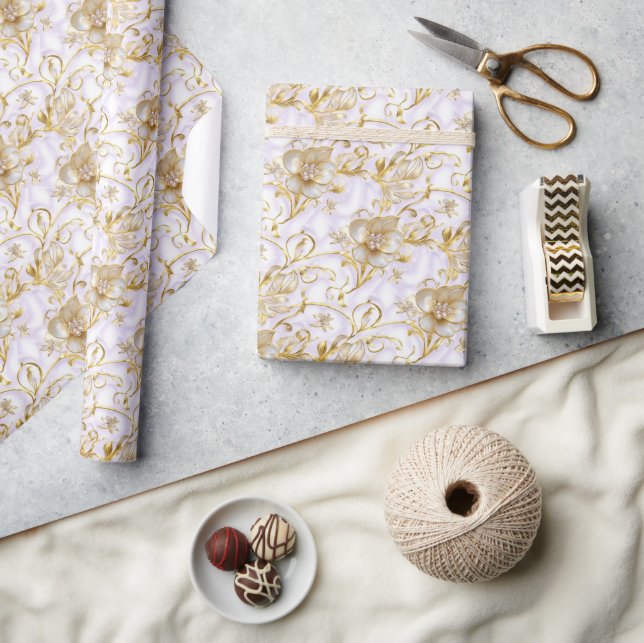White flower gold edge wedding anniversary bridal  wrapping paper (Crafts)