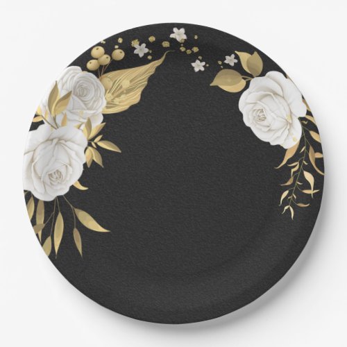 white flower gold leaves black paper plates