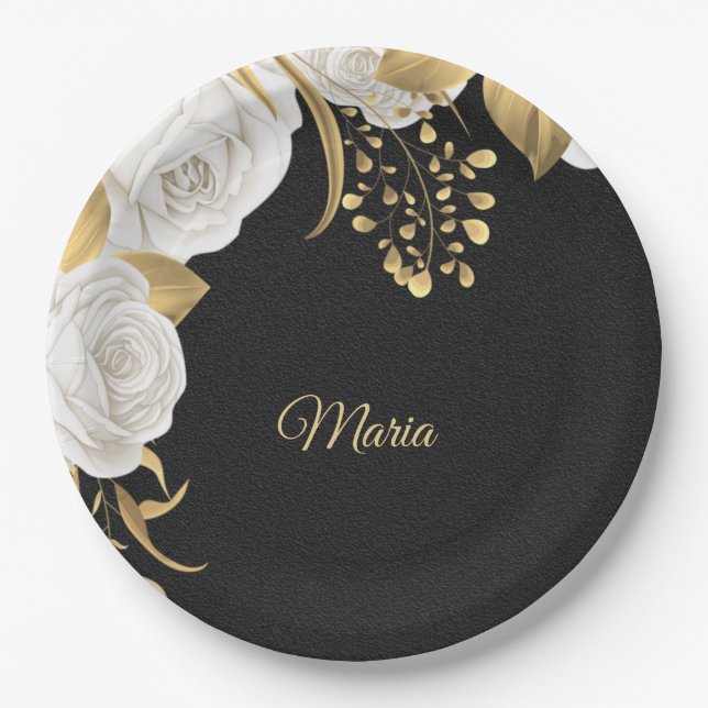 white flower gold leaves black  paper plates (Front)