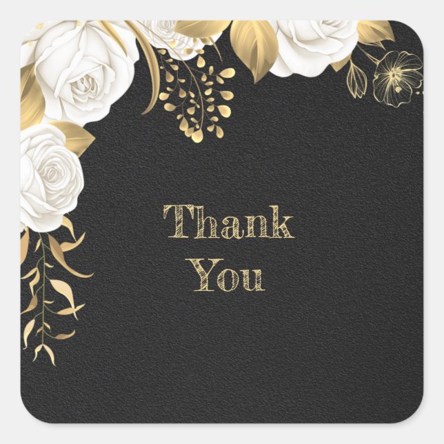 white flower gold leaves black  square sticker (Front)