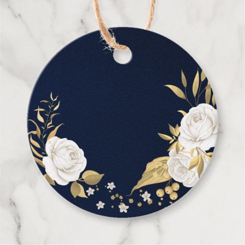 white flower gold leaves navy blue favor tags