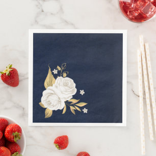 white flower gold leaves navy blue paper dinner napkins