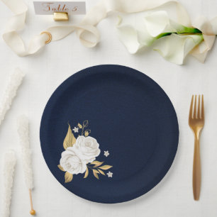 white flower gold leaves navy blue paper plates