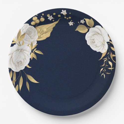 white flower gold leaves navy blue paper plates