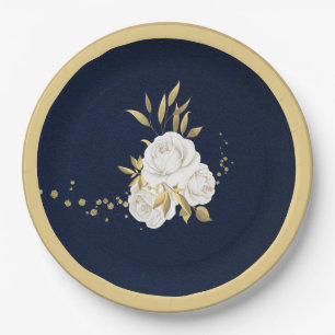 white flower gold leaves navy blue paper plates