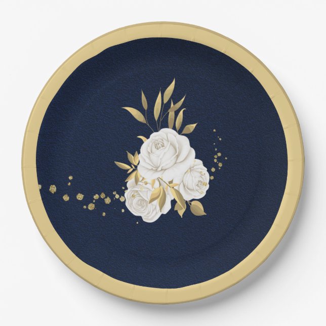 white flower gold leaves navy blue paper plates (Front)