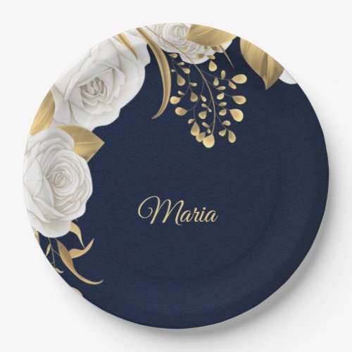 white flower gold leaves navy blue paper plates