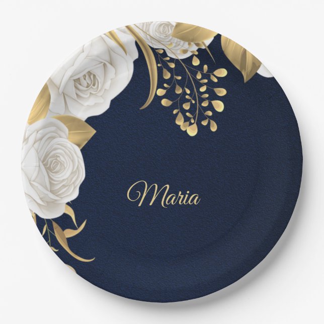 white flower gold leaves navy blue paper plates (Front)