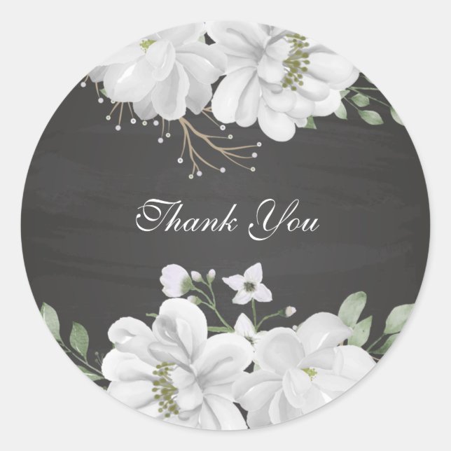 white flower green leaves black  classic round sticker (Front)