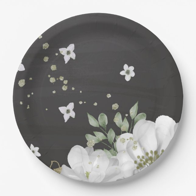 white flower green leaves black paper plates (Front)
