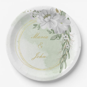white flower green leaves gold wreath sage green paper plates