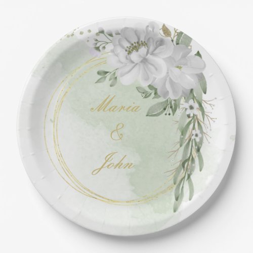 white flower green leaves gold wreath sage green paper plates