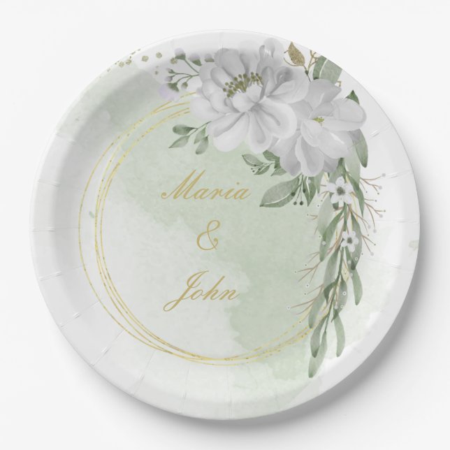 white flower green leaves gold wreath sage green paper plates (Front)
