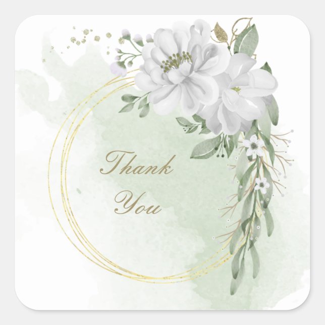 white flower green leaves gold wreath square sticker (Front)