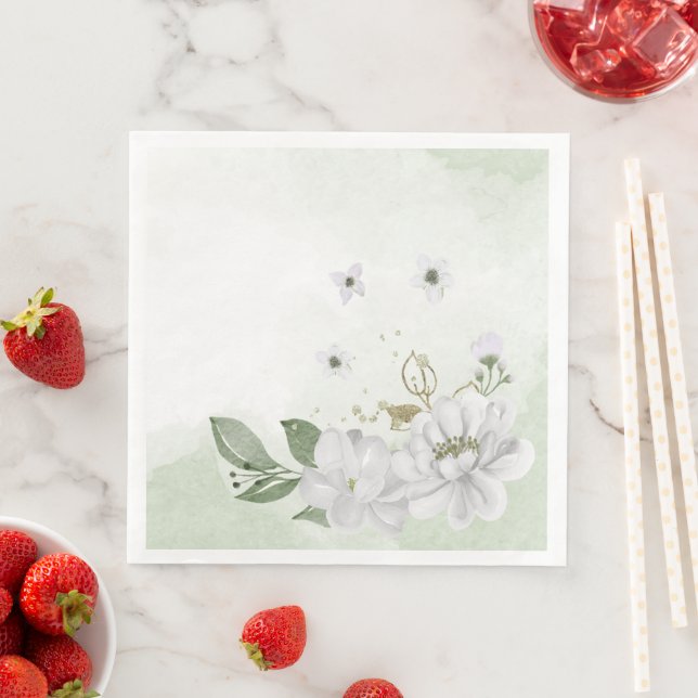 white flower green leaves sage green paper dinner napkins (Insitu)