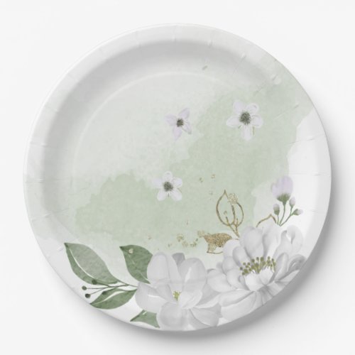 white flower green leaves sage green paper plates