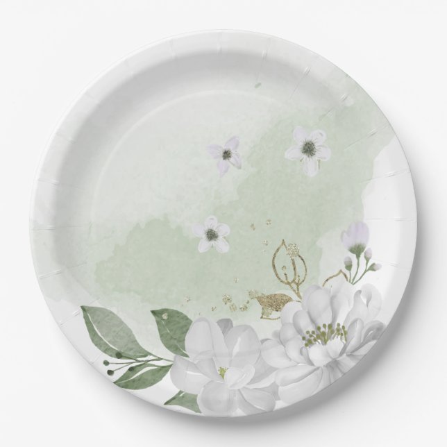 white flower green leaves sage green paper plates (Front)
