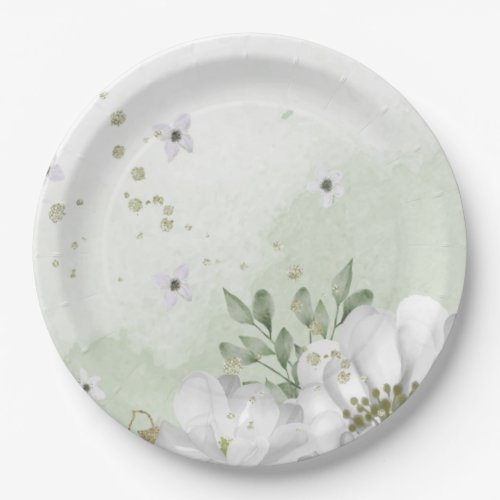 white flower green leaves sage green paper plates