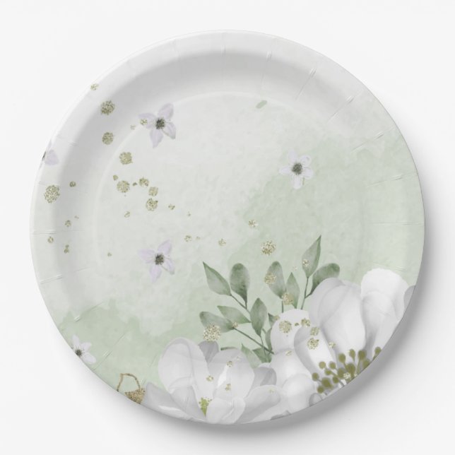 white flower green leaves sage green paper plates (Front)