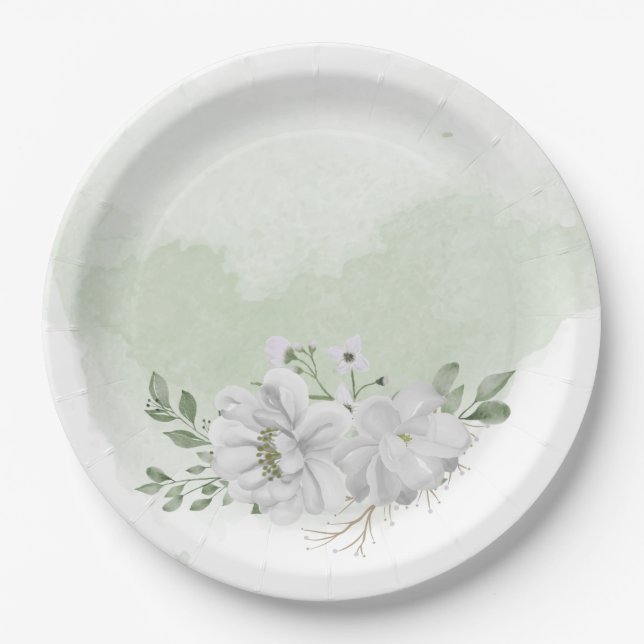 white flower green leaves sage green paper plates (Front)