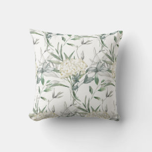 White Flower Green Leaves White Background Pillow