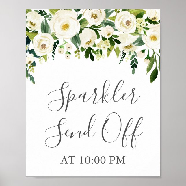White Flower Green Sparkler Send Off Sign Poster (Front)